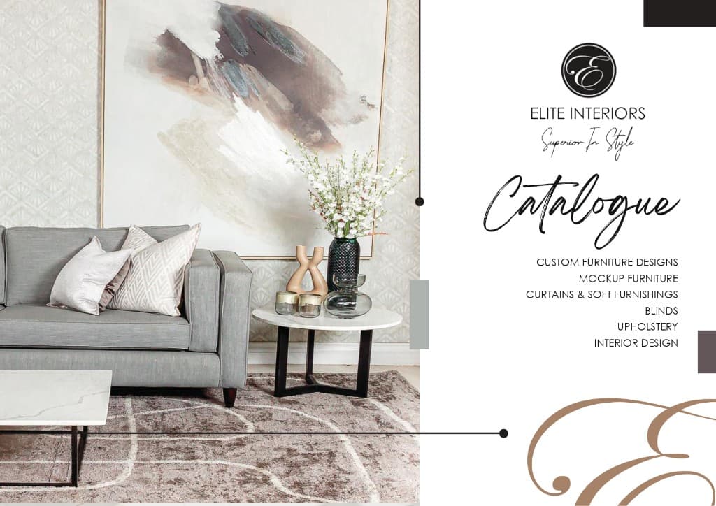 Elite Interiors catalogue cover showing brand identity and service list.